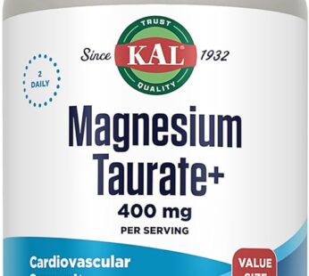 KAL Magnesium Taurate 400mg Plus Vitamin B6, Chelated Magnesium Supplement, High Absorption Magnesium Complex, Muscle and Heart Health Support, Vegan, Gluten Free, 60-Day Guarantee, 60 Serv, 120 Tabs